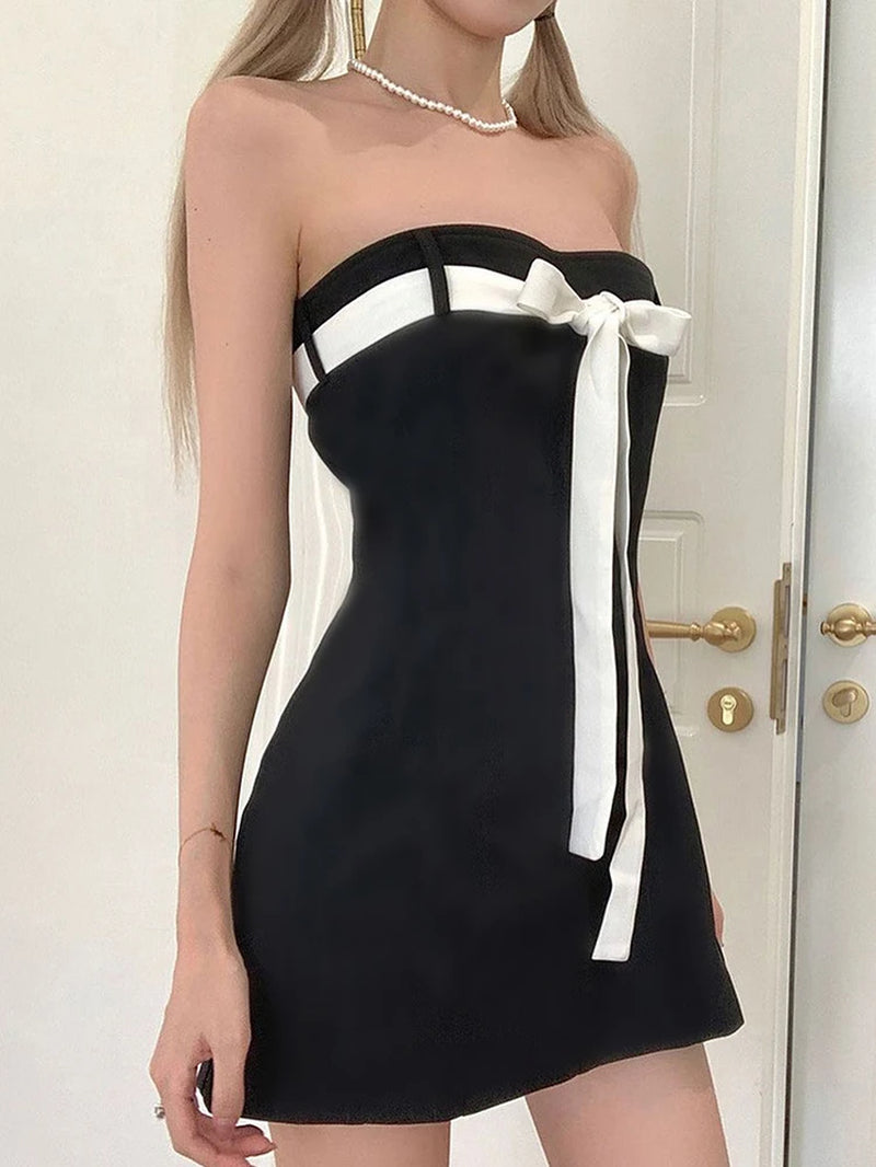 Mall Goth Aesthetic Black Dress Women Coquette Hotsweet Bow Patchwork Strapless High Waist Bodycon Party Dress Female