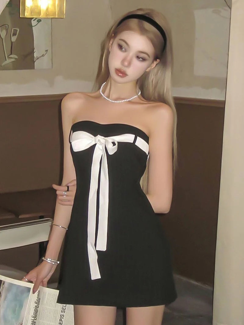 Mall Goth Aesthetic Black Dress Women Coquette Hotsweet Bow Patchwork Strapless High Waist Bodycon Party Dress Female