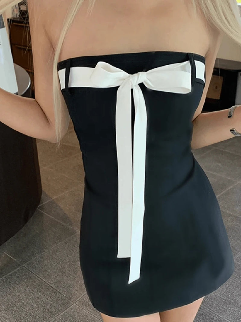 Mall Goth Aesthetic Black Dress Women Coquette Hotsweet Bow Patchwork Strapless High Waist Bodycon Party Dress Female